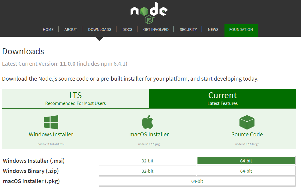 Página de download do NodeJS e npm
